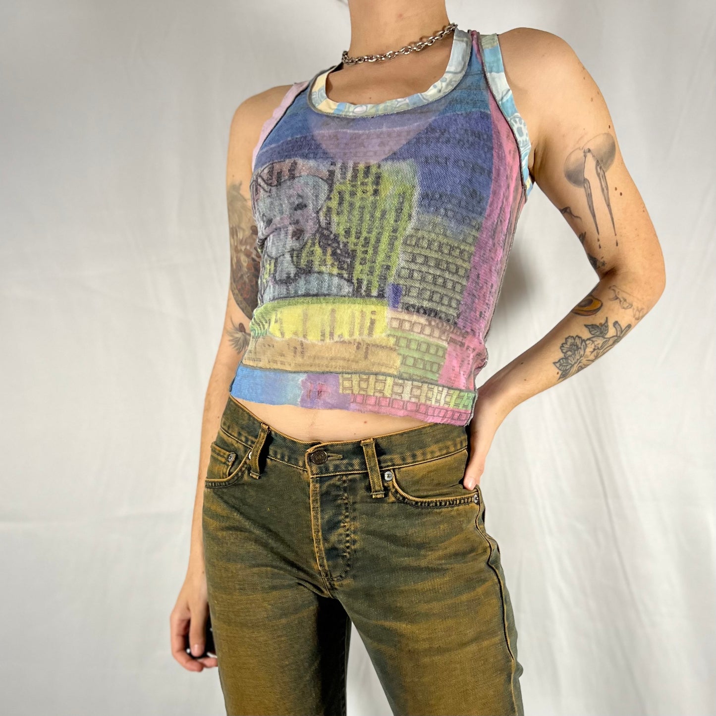 Y2K Cop Copine Cyber Rave Techwear Mesh Abstract Art Tank Top