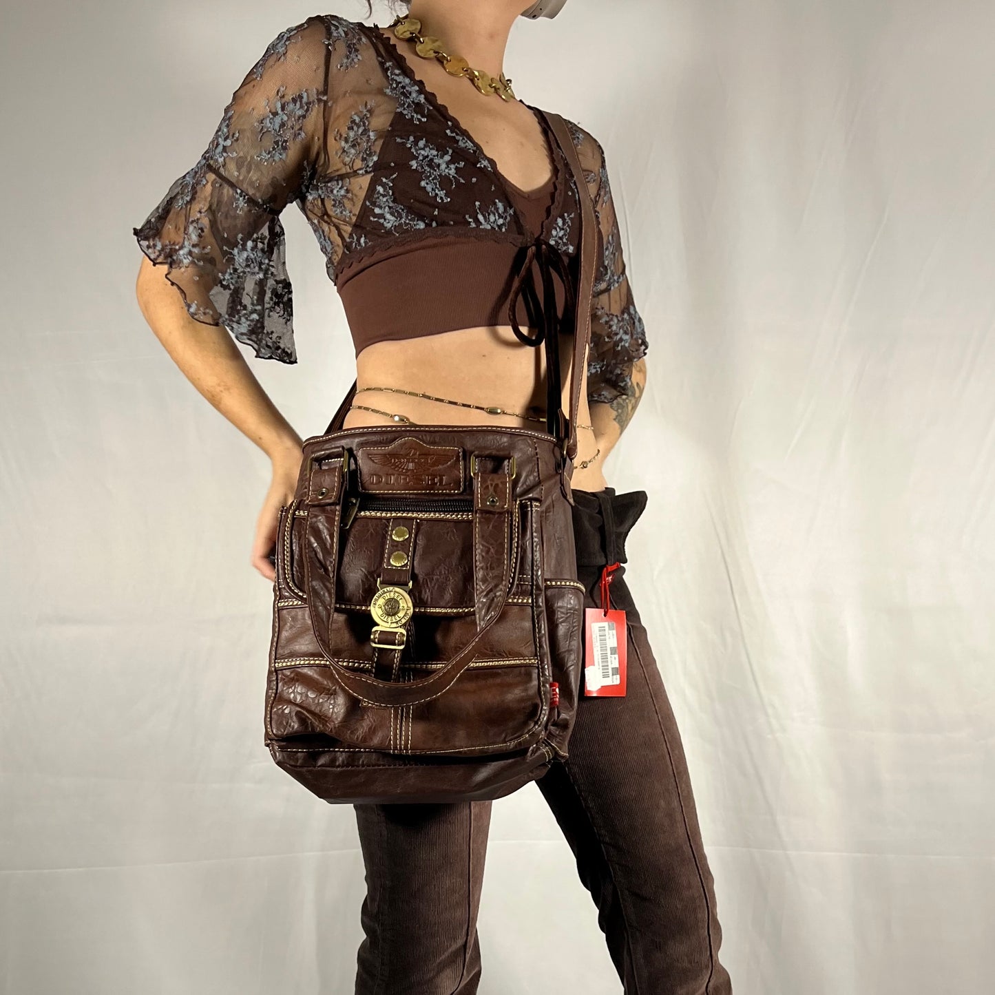 Y2K Diesel Bag Faux Leather Patchwork Techwear Utility Cargo Bag for School or Work