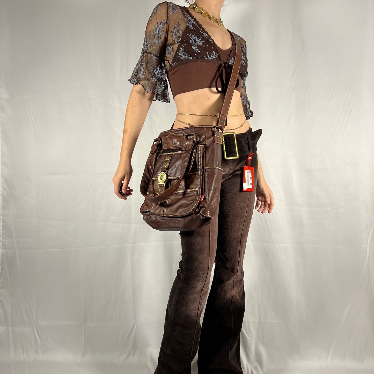 Y2K Diesel Bag Faux Leather Patchwork Techwear Utility Cargo Bag for School or Work