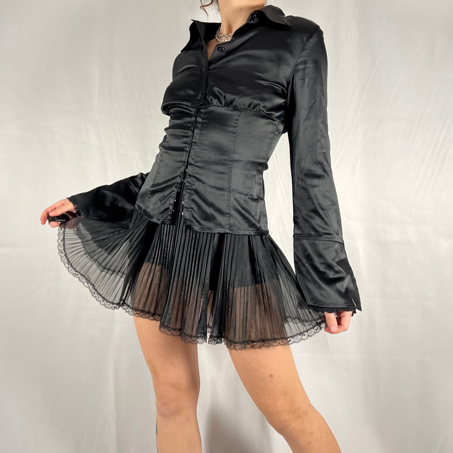 Y2K Miss Sixty Whimsigoth Vampire Satin Button Down Corset Blouse Dark Academia Witch Top