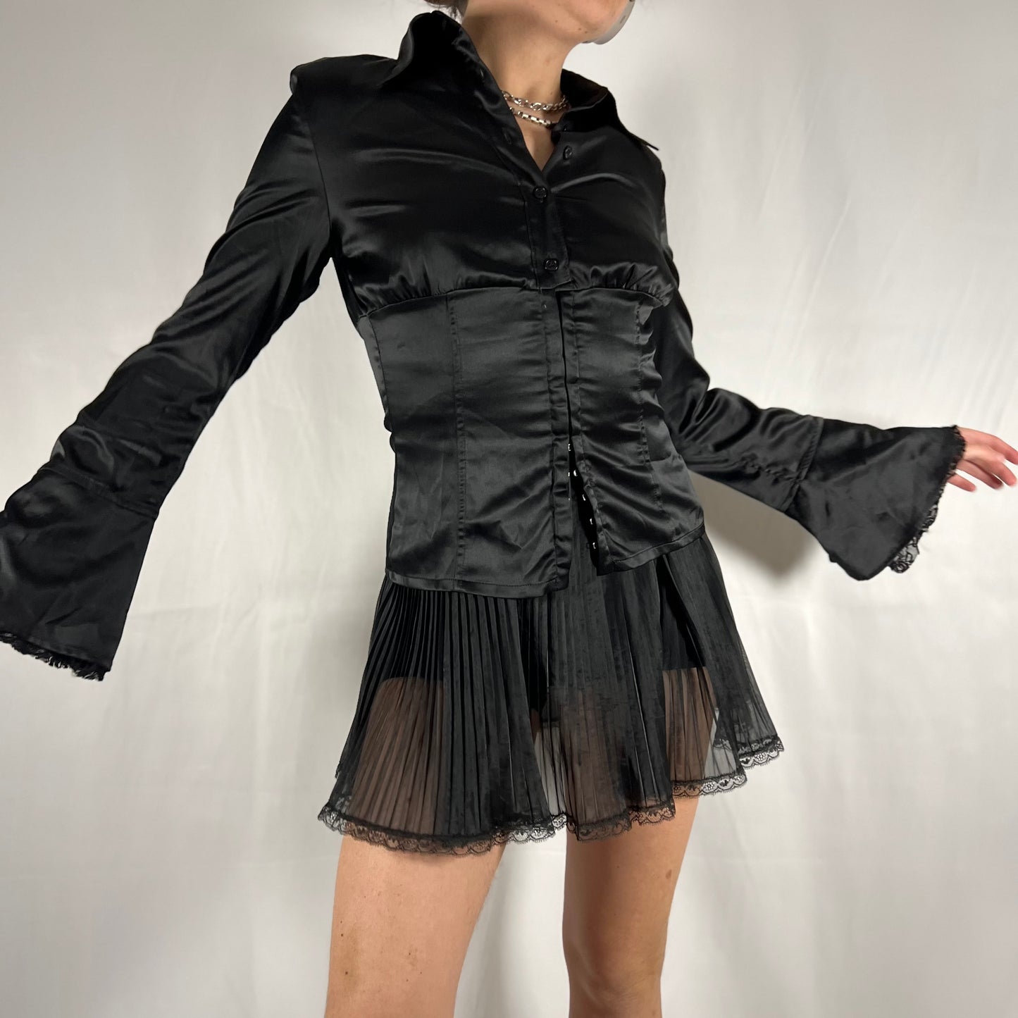 Y2K Miss Sixty Whimsigoth Vampire Satin Button Down Corset Blouse Dark Academia Witch Top