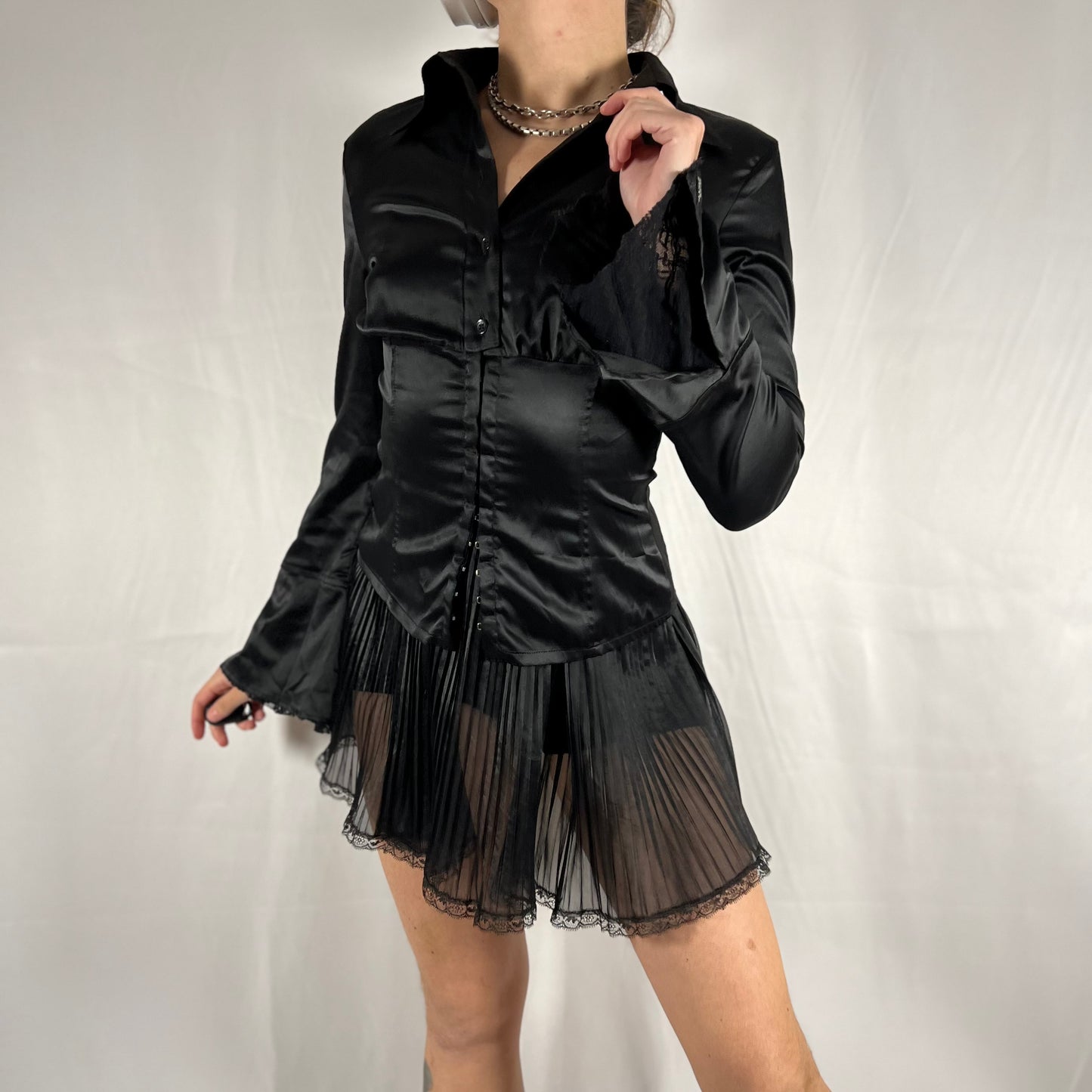 Y2K Miss Sixty Whimsigoth Vampire Satin Button Down Corset Blouse Dark Academia Witch Top
