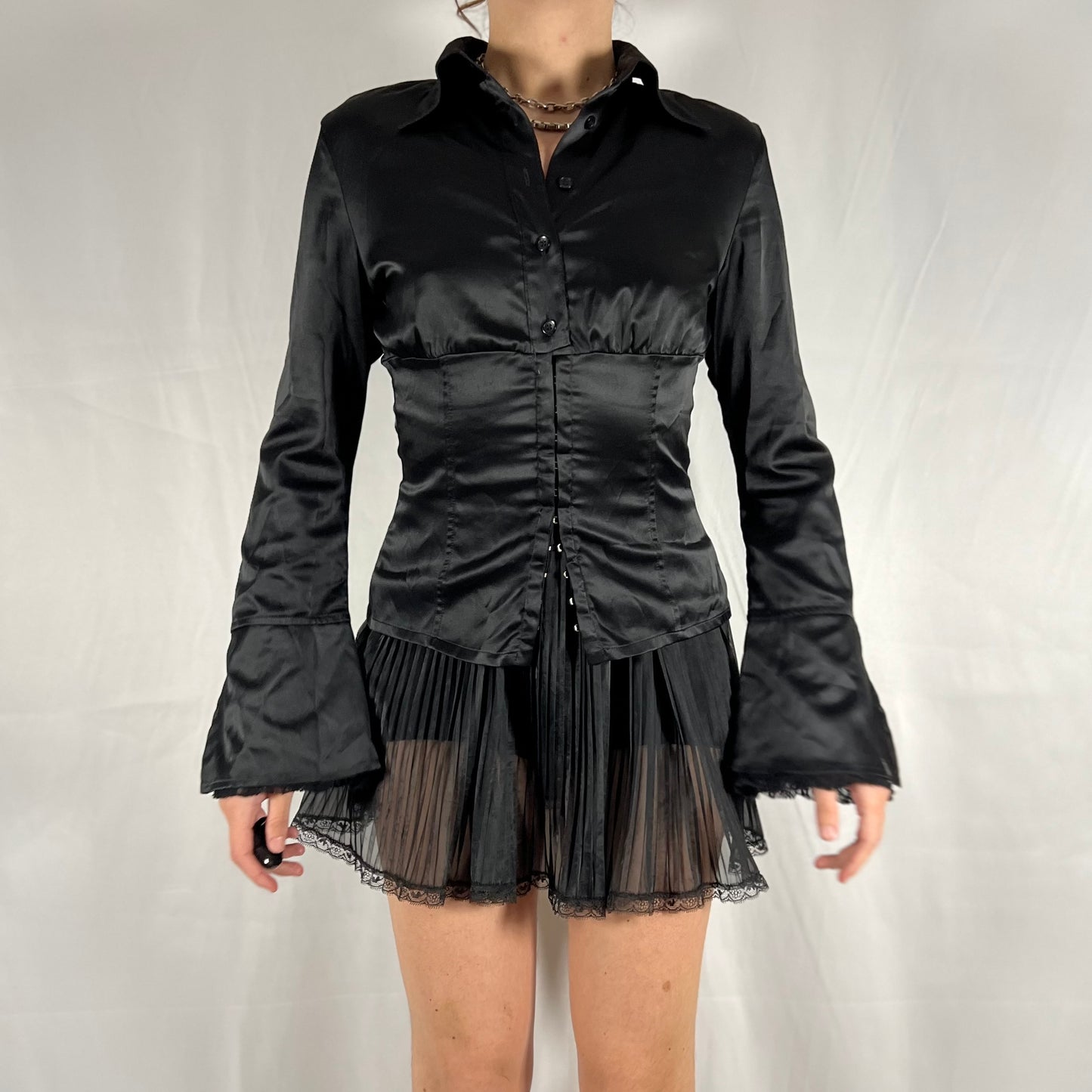 Y2K Miss Sixty Whimsigoth Vampire Satin Button Down Corset Blouse Dark Academia Witch Top