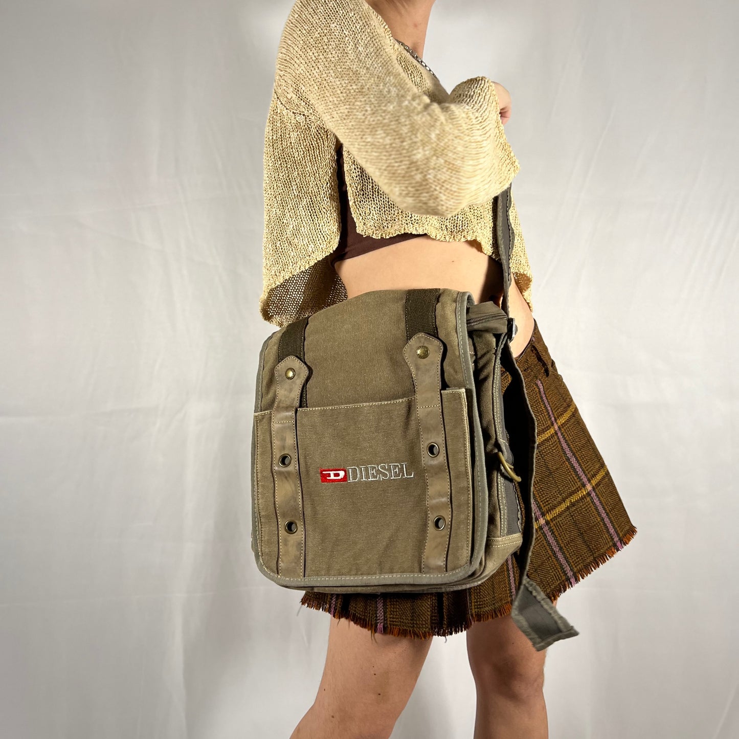 Y2K Diesel Utility Cargo Bag Canvas and Leather Techwear Unisex Gorpcore Messenger Bag for School or Work