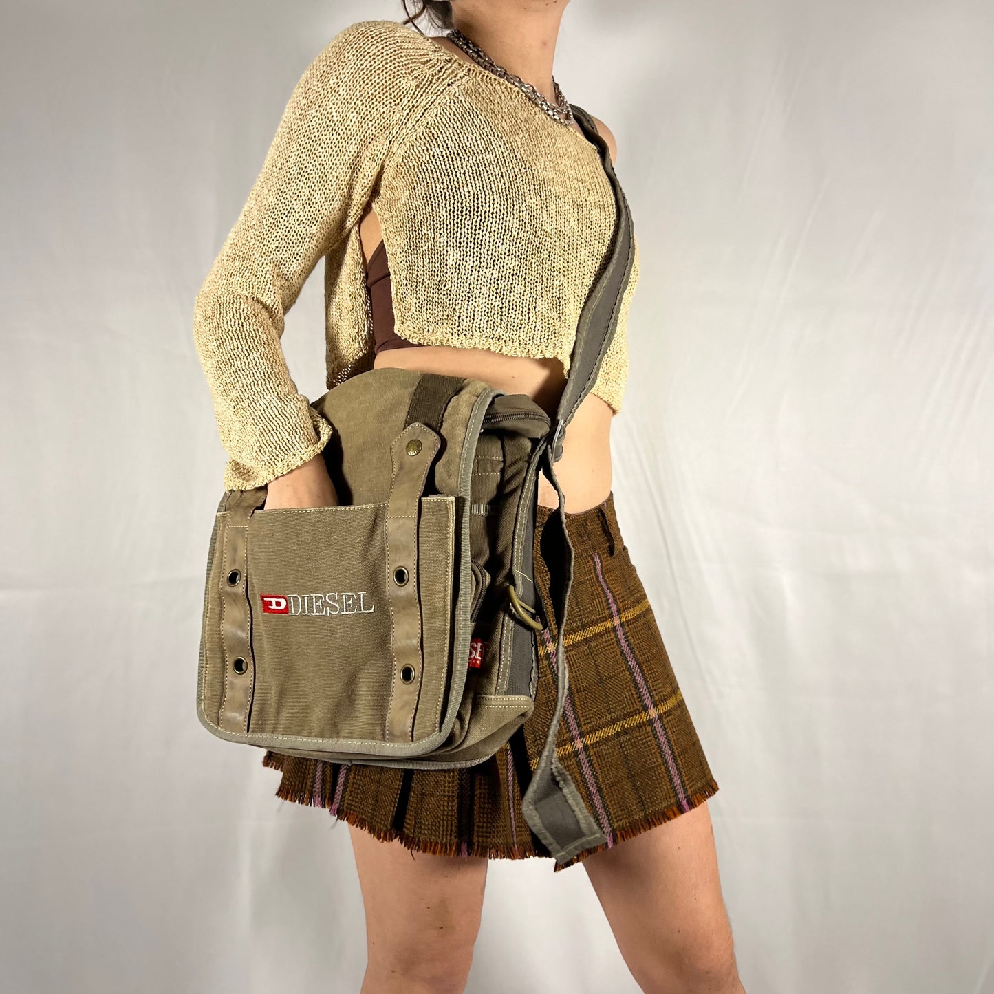 Y2K Diesel Utility Cargo Bag Canvas and Leather Techwear Unisex Gorpcore Messenger Bag for School or Work