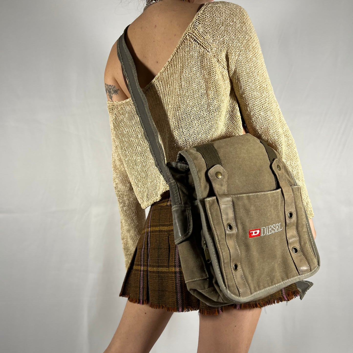 Y2K Diesel Utility Cargo Bag Canvas and Leather Techwear Unisex Gorpcore Messenger Bag for School or Work