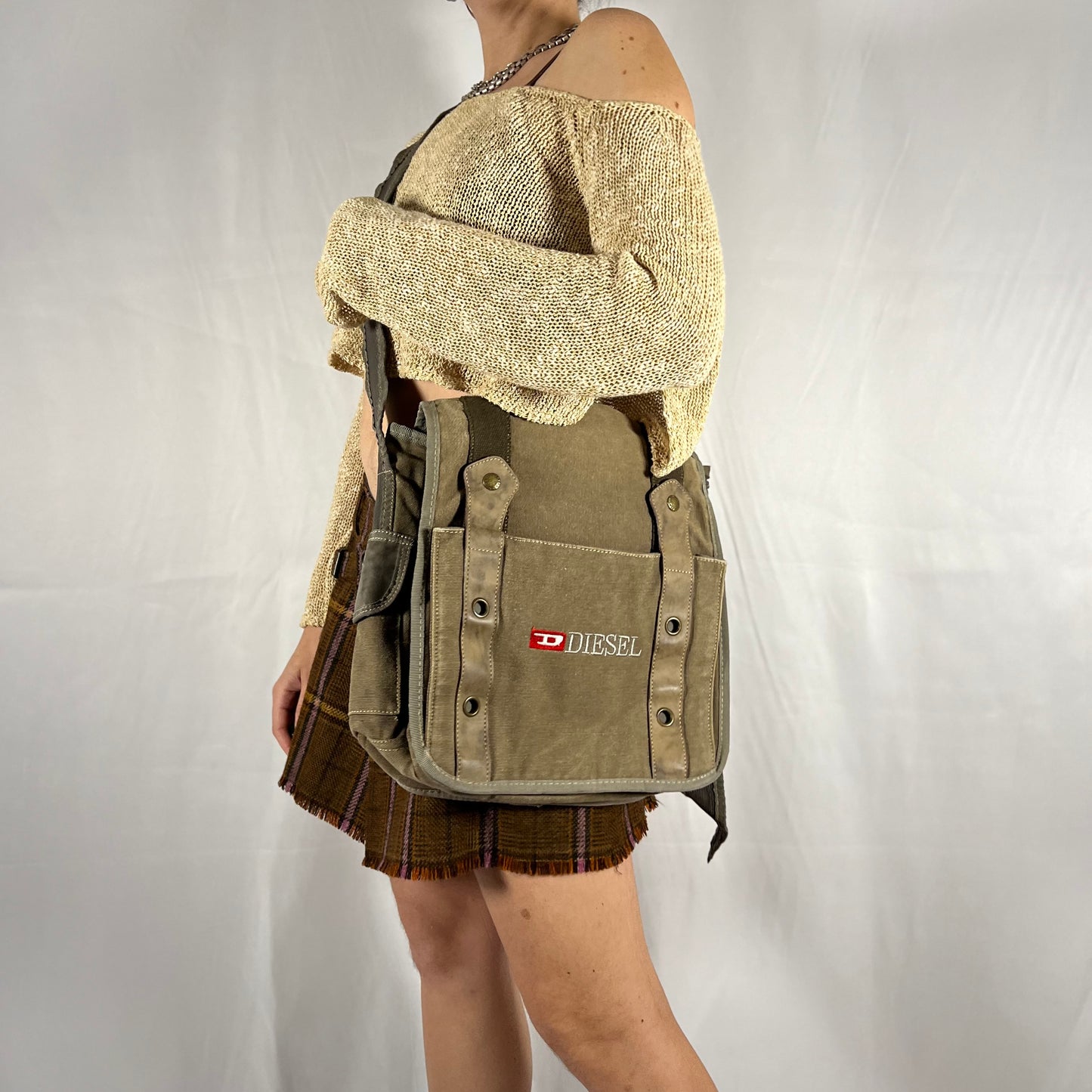 Y2K Diesel Utility Cargo Bag Canvas and Leather Techwear Unisex Gorpcore Messenger Bag for School or Work
