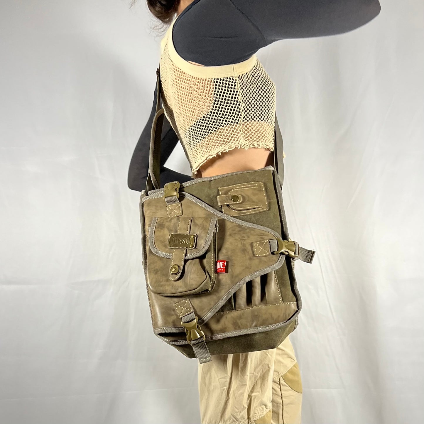 Y2K Rare Archive Diesel Bag Tactical Utility Gorpcore Cyber Techwear Cargo Leather & Canvas Military Multipocket Bi-Material Crossbody Bag