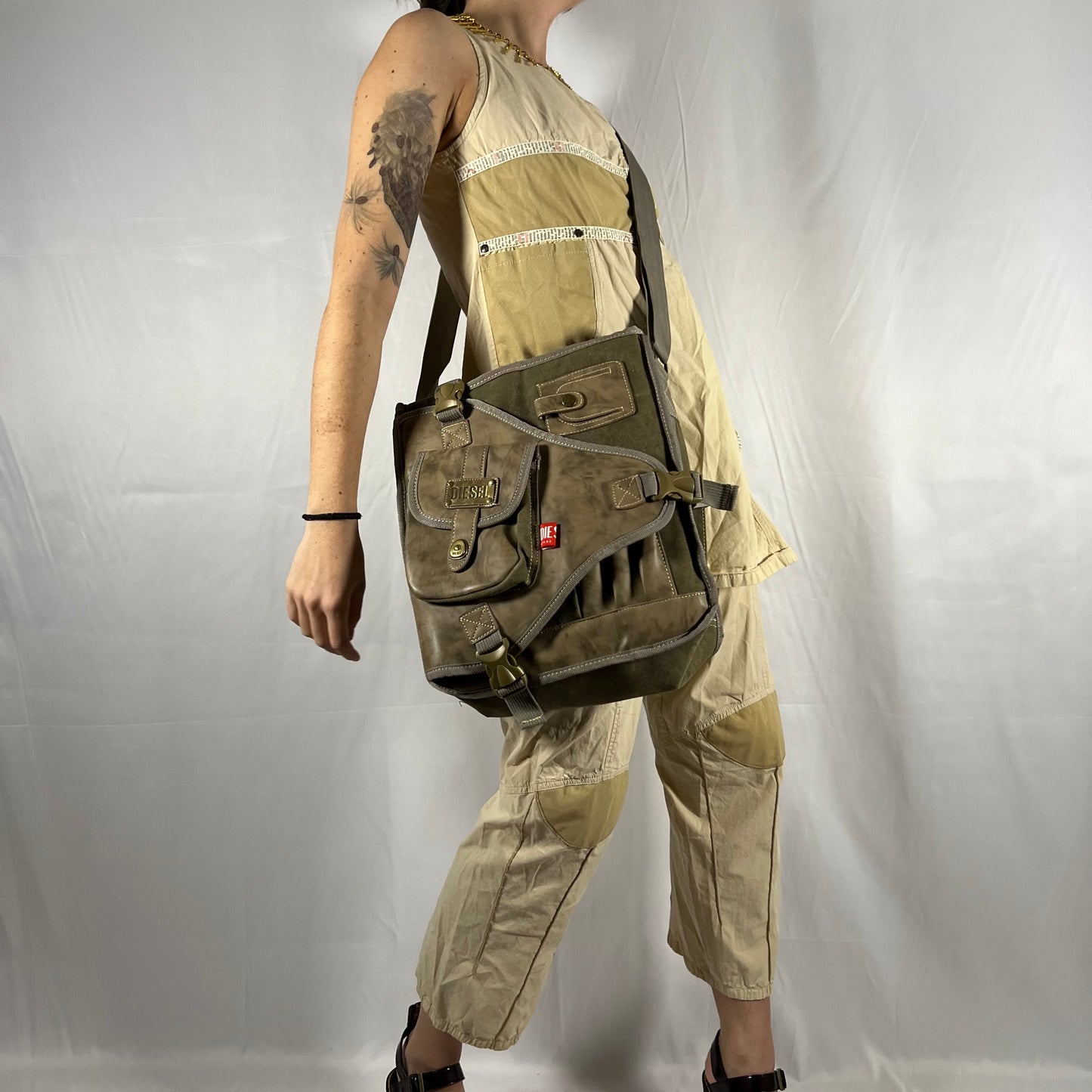 Y2K Rare Archive Diesel Bag Tactical Utility Gorpcore Cyber Techwear Cargo Leather & Canvas Military Multipocket Bi-Material Crossbody Bag