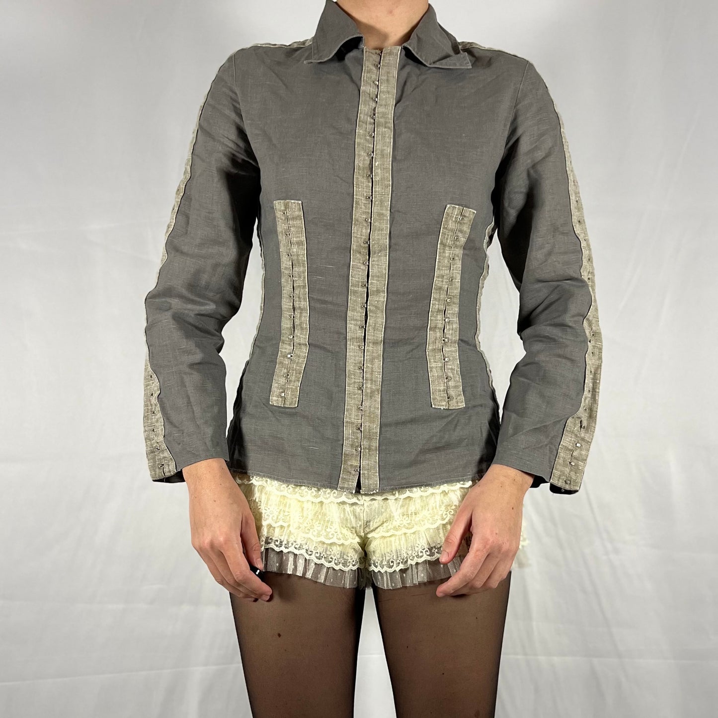 Y2K Biche de Bere utility techwear deconstructed hook and eye corset top linen long sleeve top avant garde subversive grunge shirt jacket