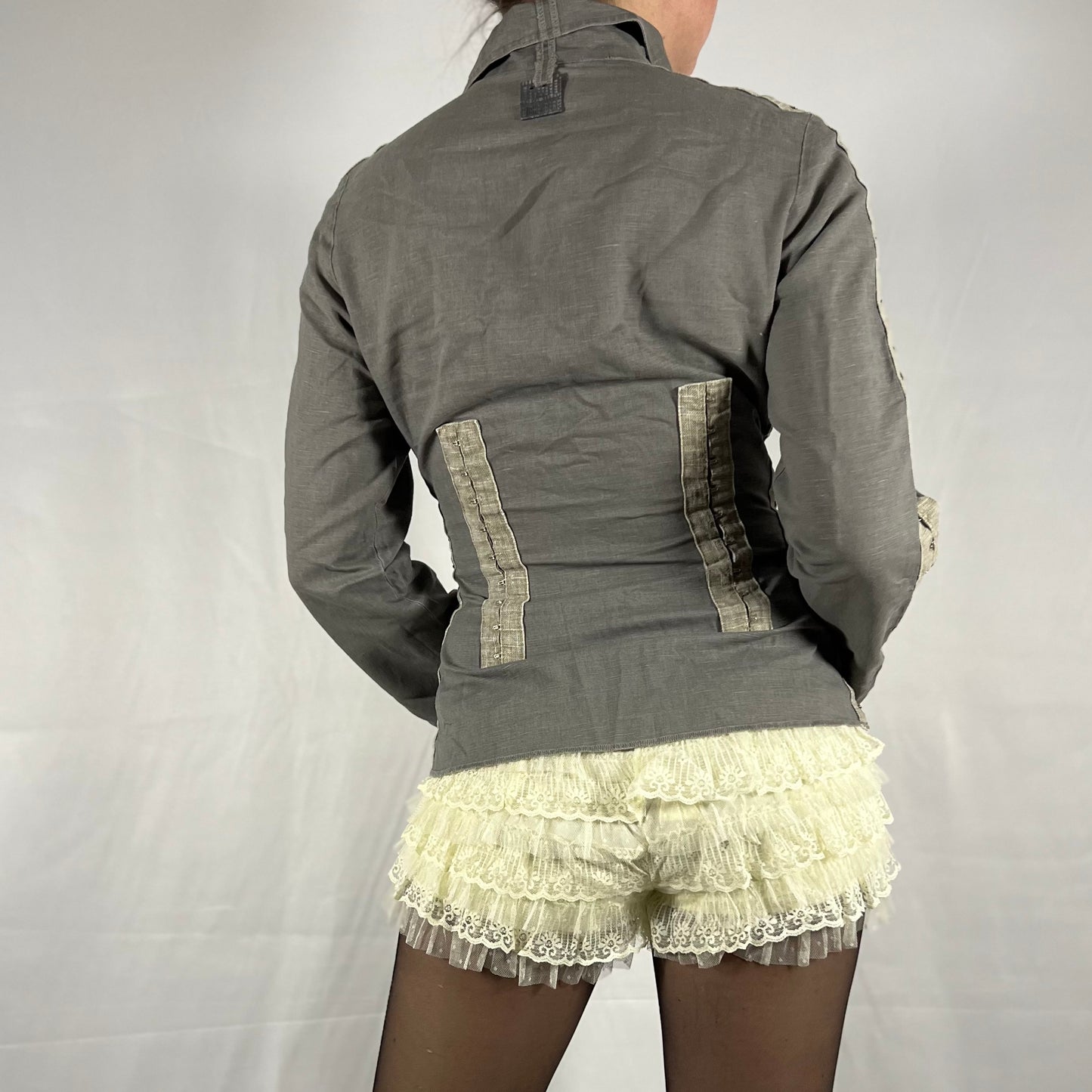 Y2K Biche de Bere utility techwear deconstructed hook and eye corset top linen long sleeve top avant garde subversive grunge shirt jacket