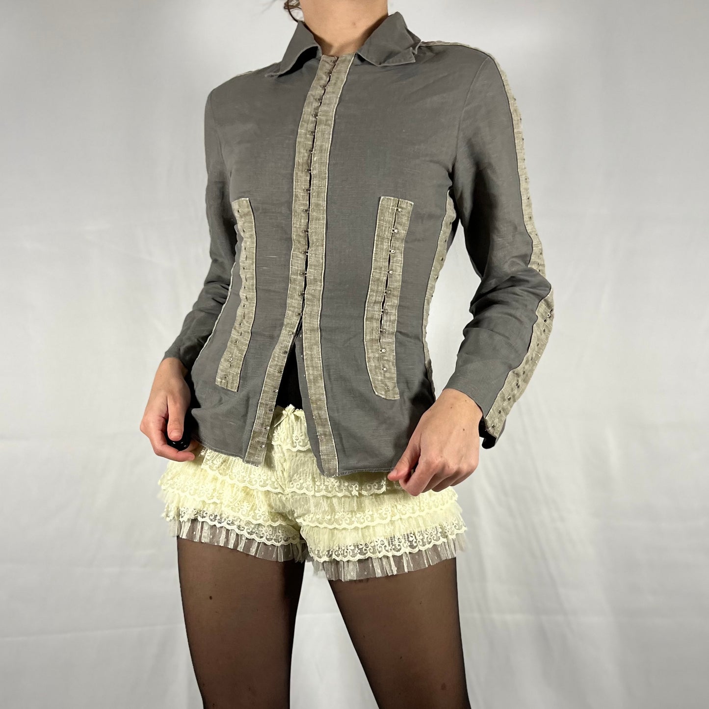 Y2K Biche de Bere utility techwear deconstructed hook and eye corset top linen long sleeve top avant garde subversive grunge shirt jacket