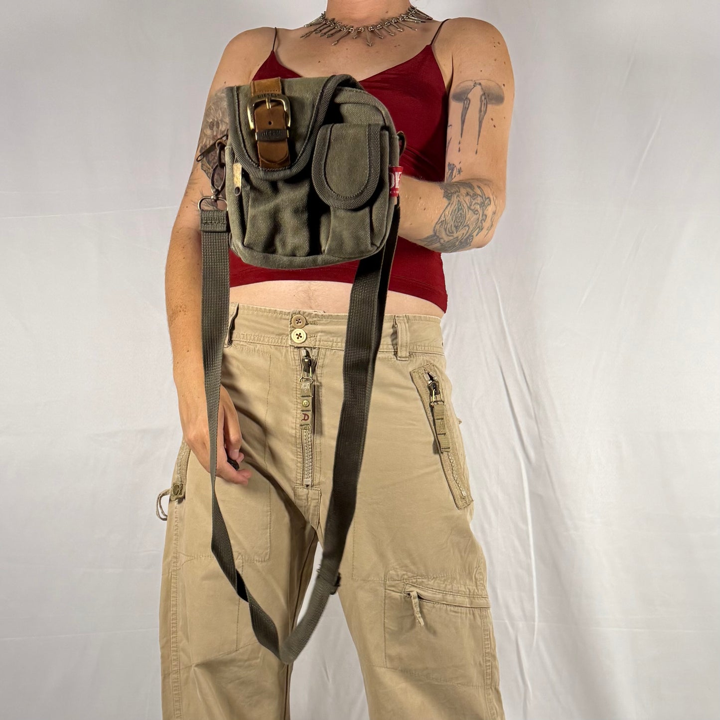 Y2K Diesel Bag Techwear Gorpcore Cyber Utility Cargo Mini Bag Multipocket Military Canvas and Leather Belt Bag