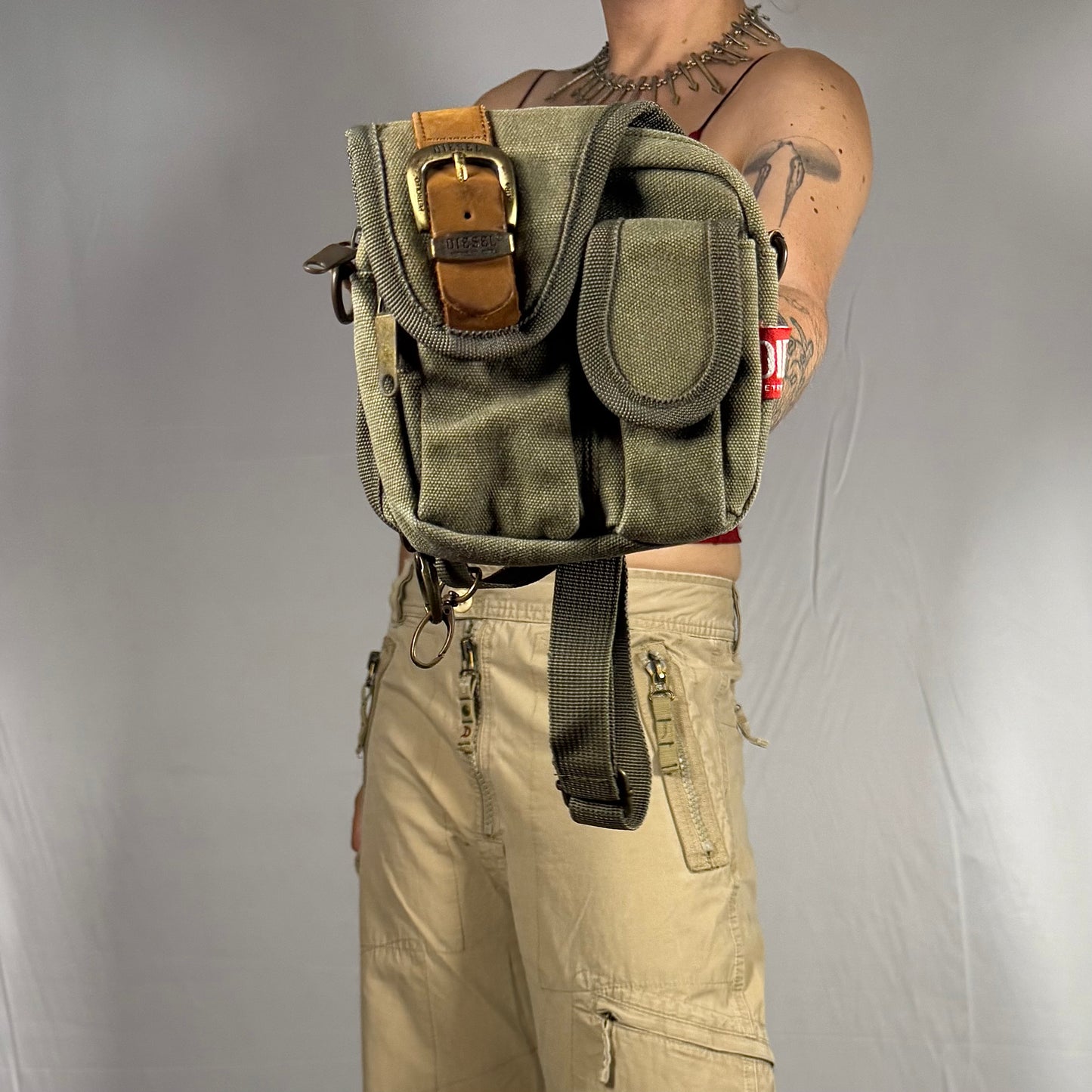 Y2K Diesel Bag Techwear Gorpcore Cyber Utility Cargo Mini Bag Multipocket Military Canvas and Leather Belt Bag