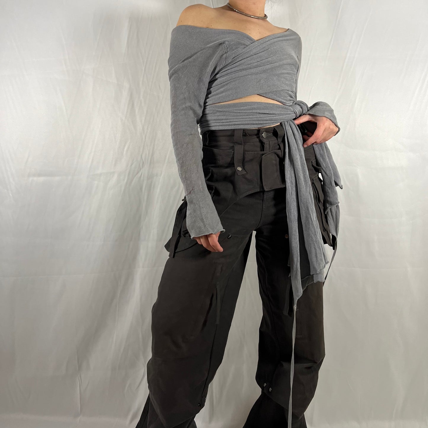 Y2K Sarah Pacini Subversive Knit Wrap Top Deconstructed Cyber Techwear Modular Cardigan Knitwear Top