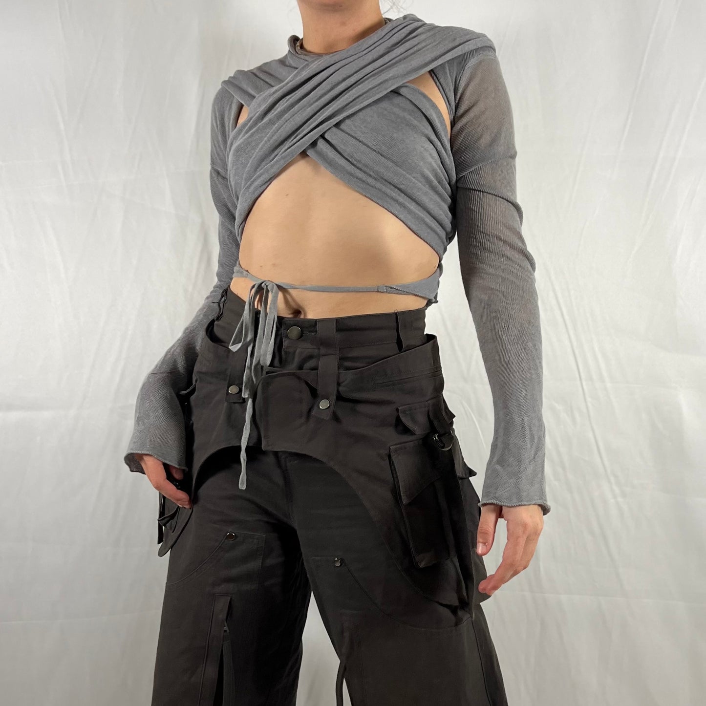 Y2K Sarah Pacini Subversive Knit Wrap Top Deconstructed Cyber Techwear Modular Cardigan Knitwear Top