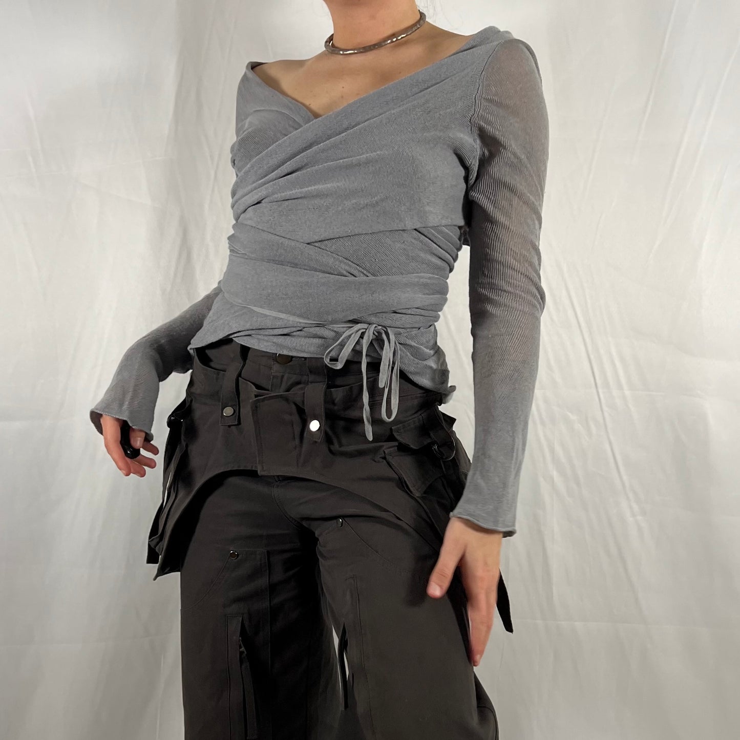 Y2K Sarah Pacini Subversive Knit Wrap Top Deconstructed Cyber Techwear Modular Cardigan Knitwear Top