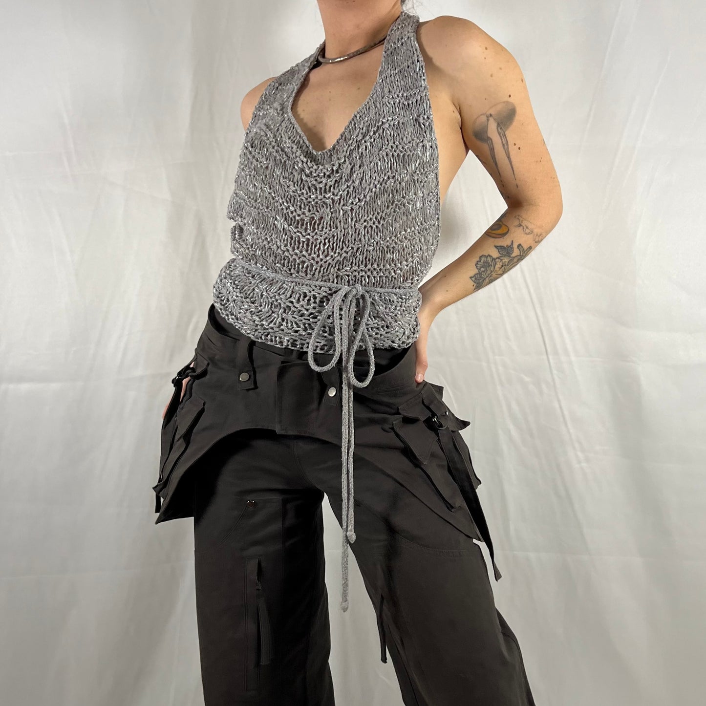 Y2K Sarah Pacini Open Knit Backless Halter Top Techwear Utility Subversive Minimalist Deconstructed Knitwear