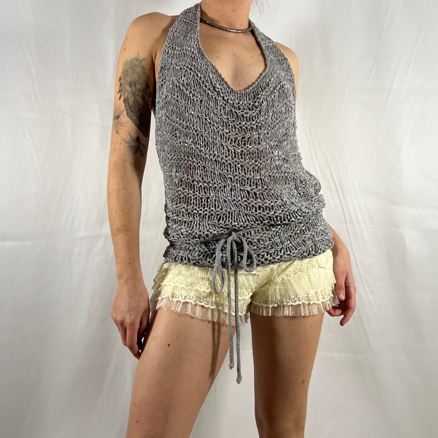 Y2K Sarah Pacini Open Knit Backless Halter Top Techwear Utility Subversive Minimalist Deconstructed Knitwear