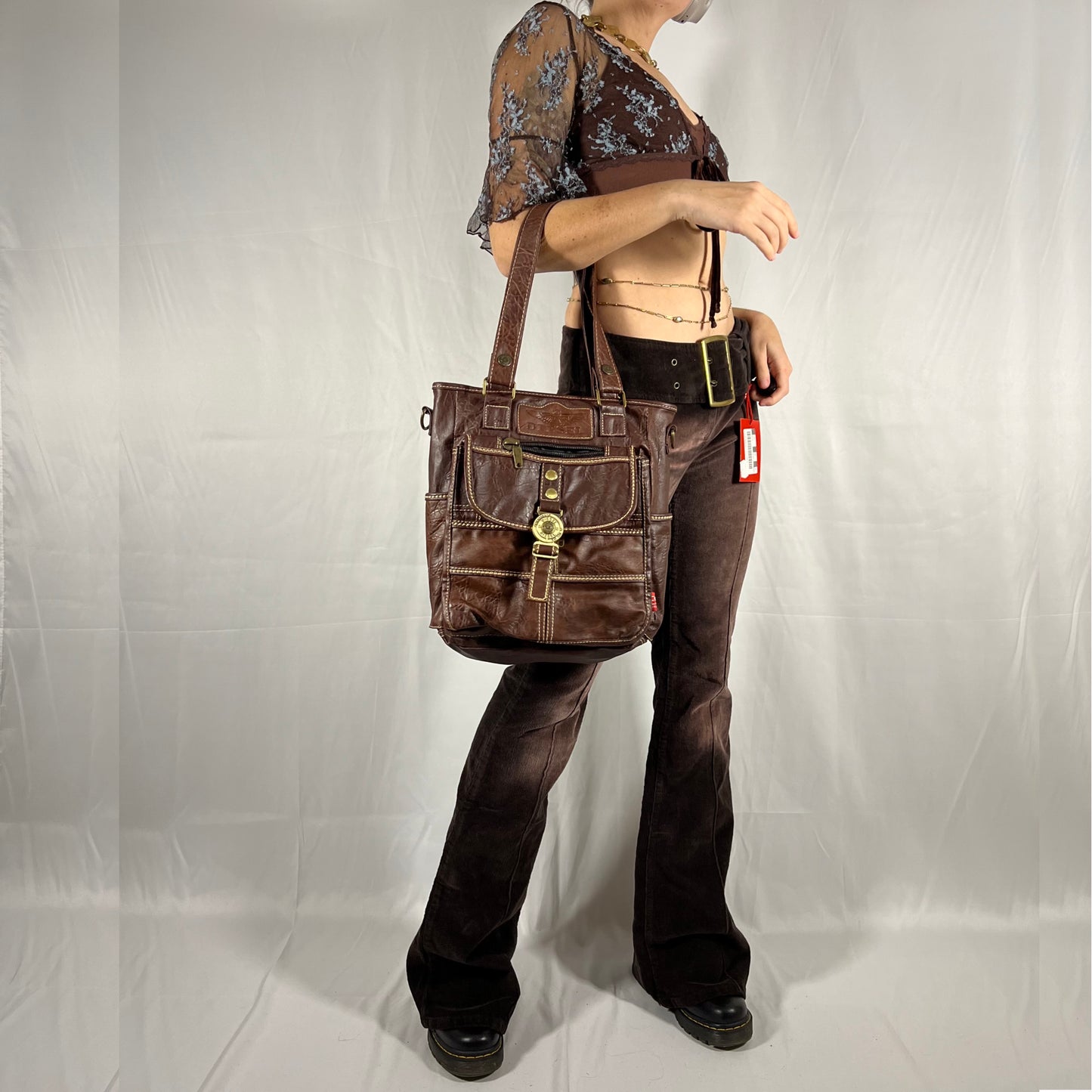 Y2K Diesel Bag Faux Leather Patchwork Techwear Utility Cargo Bag for School or Work