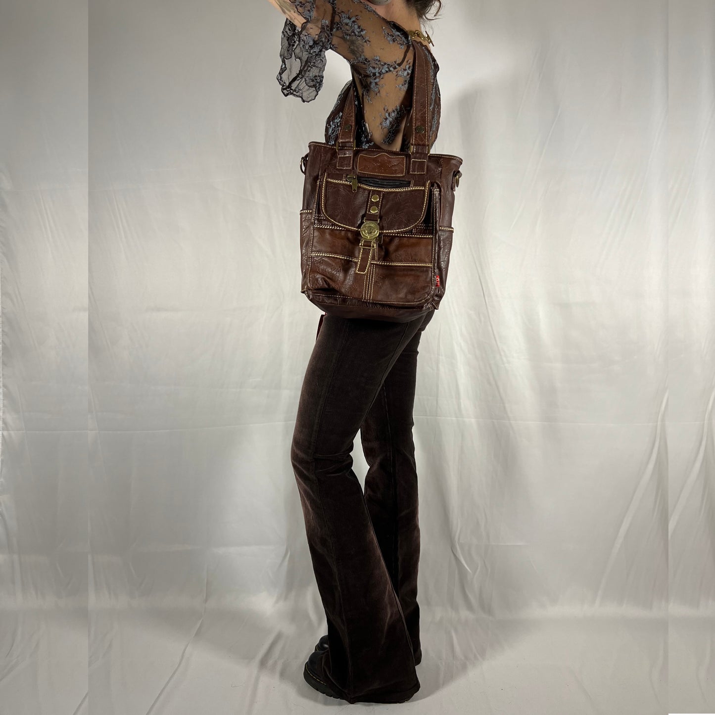 Y2K Diesel Bag Faux Leather Patchwork Techwear Utility Cargo Bag for School or Work