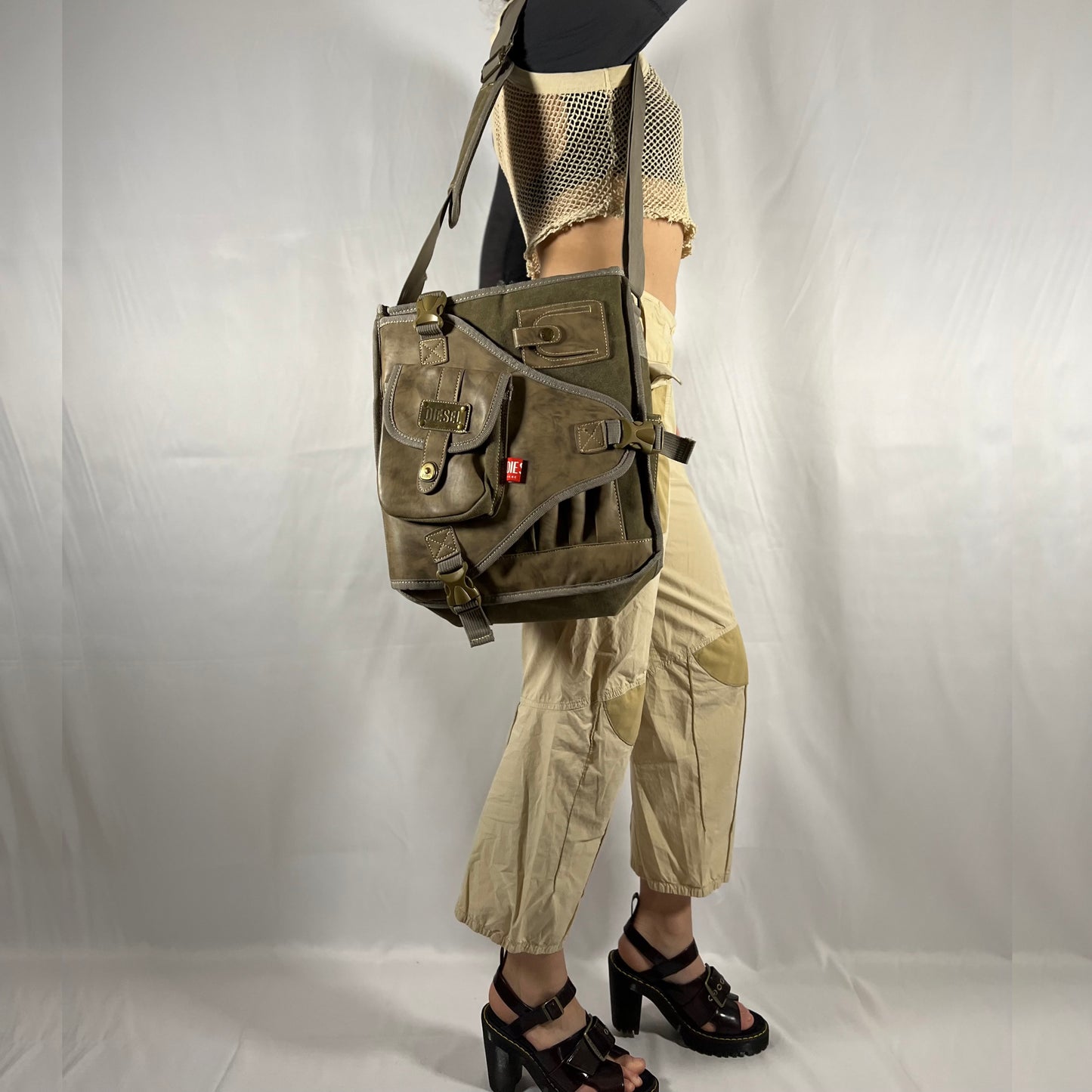 Y2K Rare Archive Diesel Bag Tactical Utility Gorpcore Cyber Techwear Cargo Leather & Canvas Military Multipocket Bi-Material Crossbody Bag