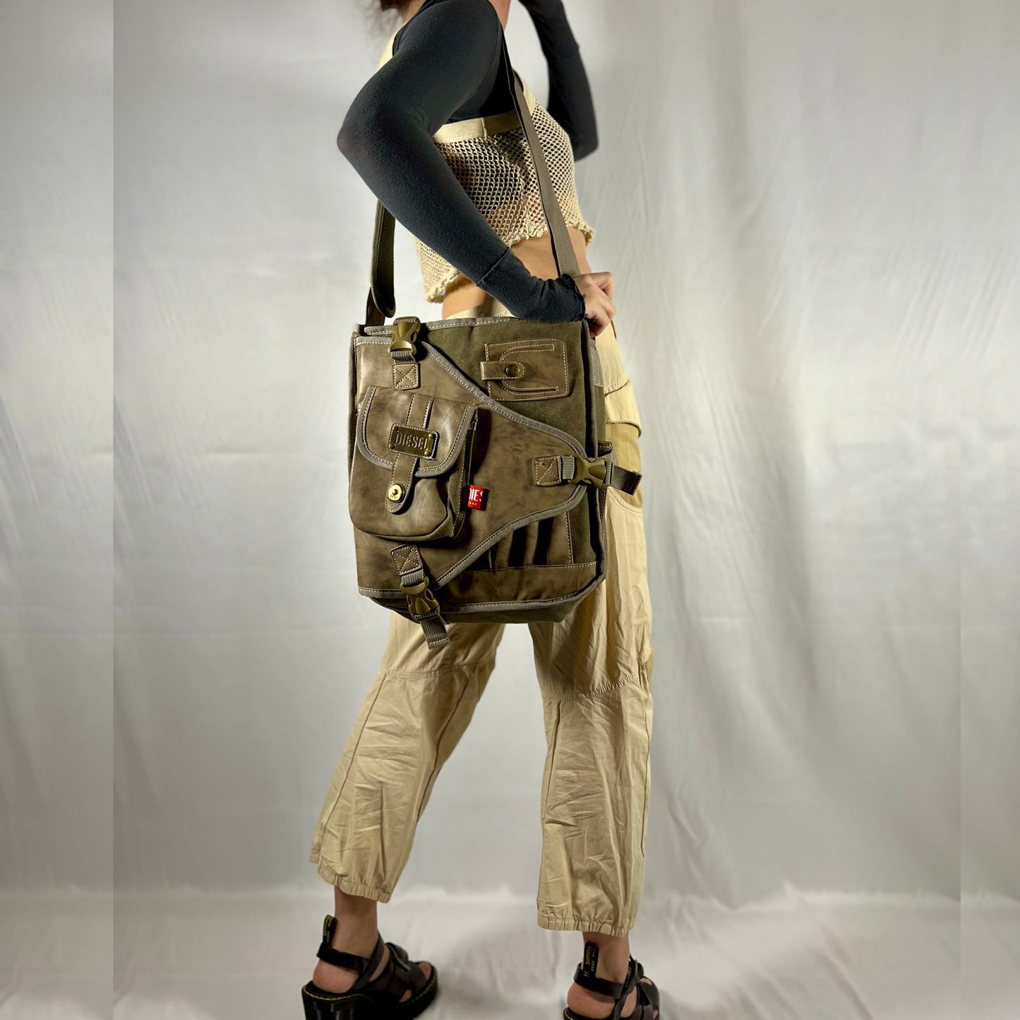 Y2K Rare Archive Diesel Bag Tactical Utility Gorpcore Cyber Techwear Cargo Leather & Canvas Military Multipocket Bi-Material Crossbody Bag