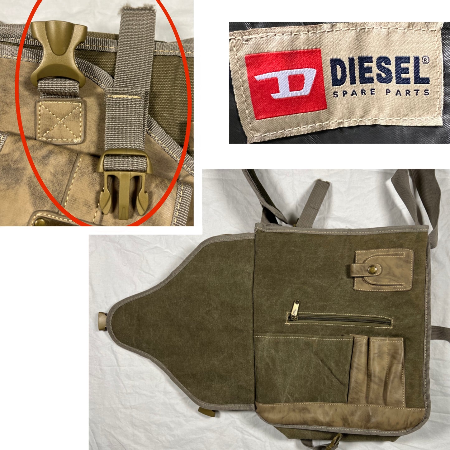 Y2K Rare Archive Diesel Bag Tactical Utility Gorpcore Cyber Techwear Cargo Leather & Canvas Military Multipocket Bi-Material Crossbody Bag