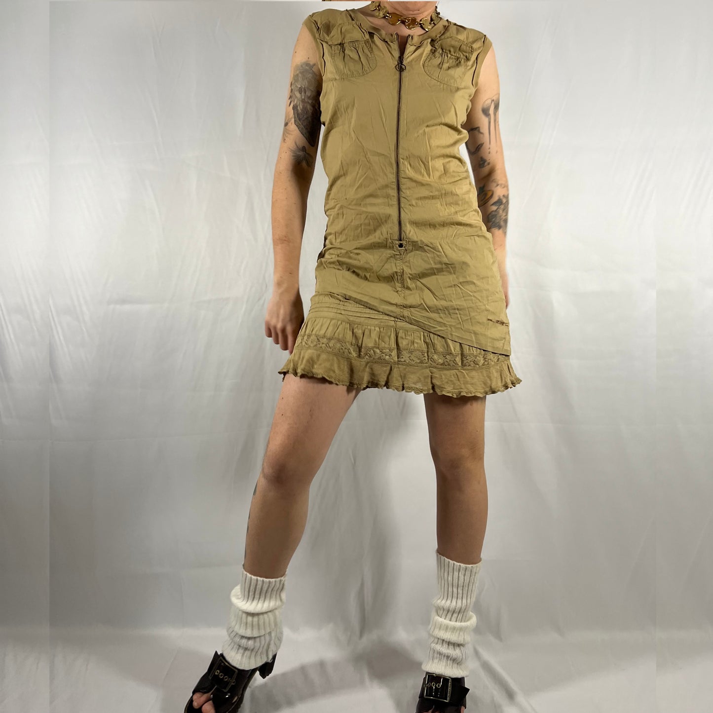 Y2K Cop Copine Mini Dress Two Piece Set Techwear Coquette Utility Cargo Dress Neutral Tunic Co-ord Set