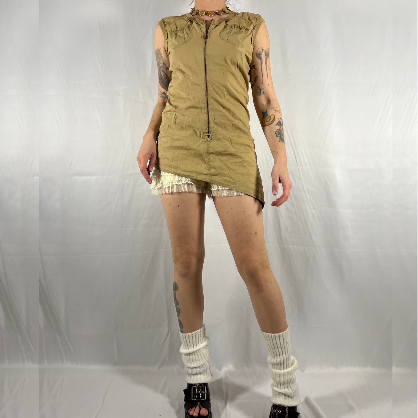 Y2K Cop Copine Mini Dress Two Piece Set Techwear Coquette Utility Cargo Dress Neutral Tunic Co-ord Set
