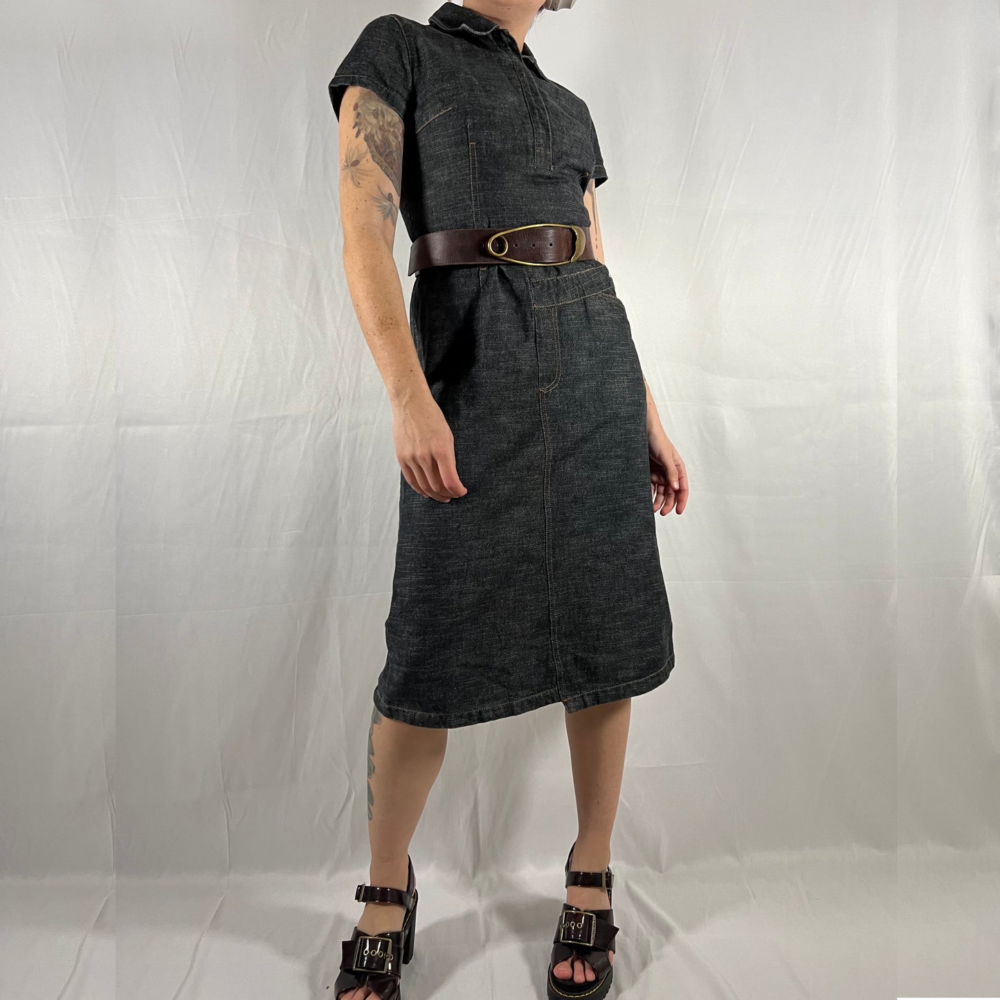 Y2K Cop Copine Utility Cargo Dress Darkwash Denim Techwear Archive Deconstructed Asymmetrical Workwear Midi Dress