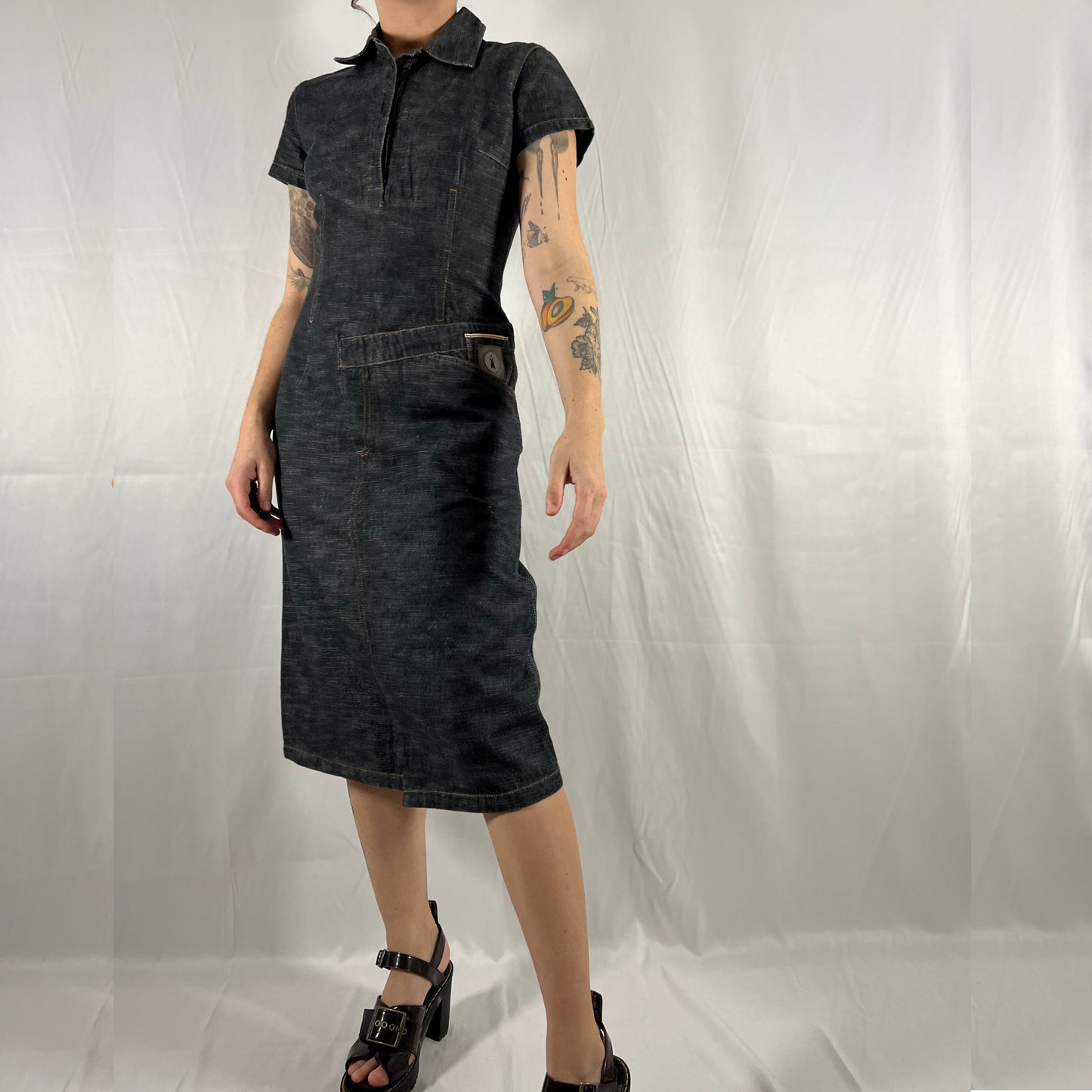 Y2K Cop Copine Utility Cargo Dress Darkwash Denim Techwear Archive Deconstructed Asymmetrical Workwear Midi Dress