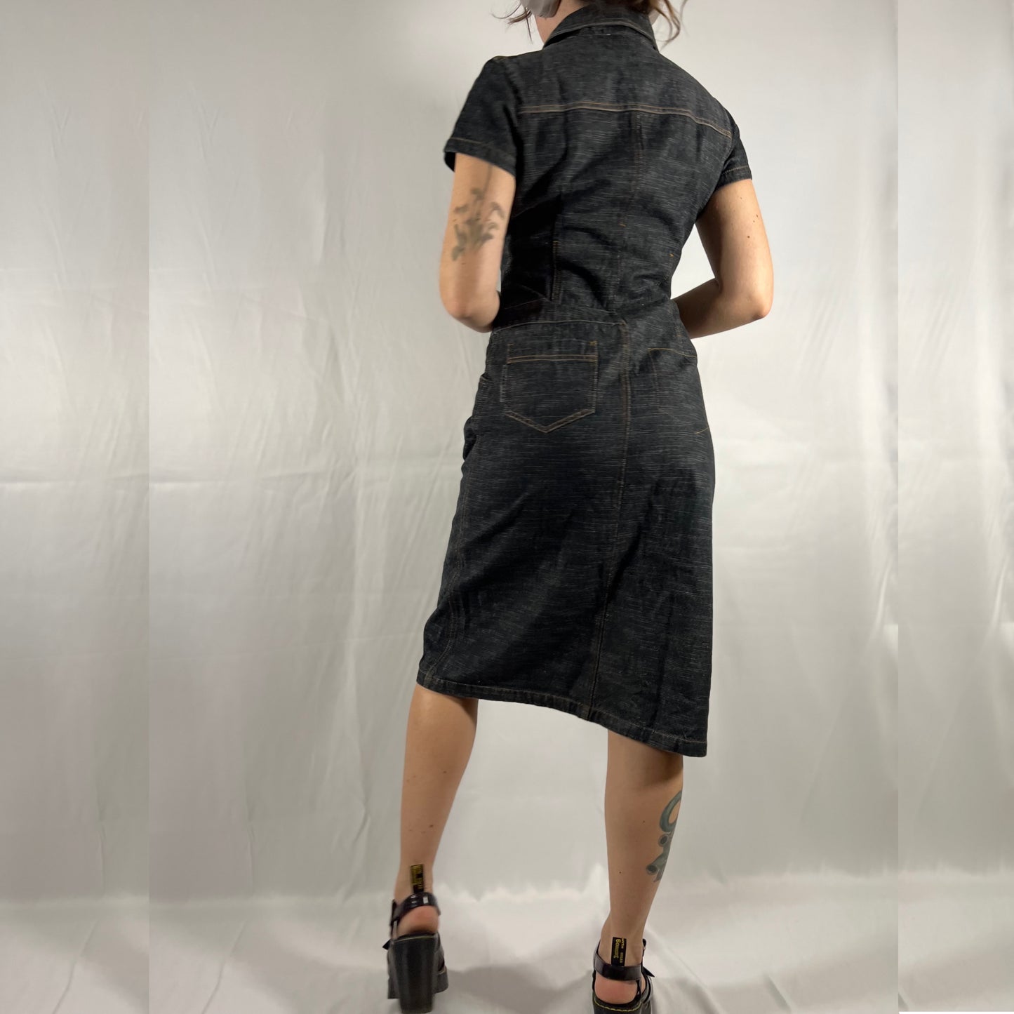 Y2K Cop Copine Utility Cargo Dress Darkwash Denim Techwear Archive Deconstructed Asymmetrical Workwear Midi Dress