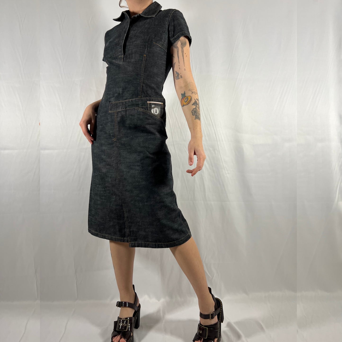 Y2K Cop Copine Utility Cargo Dress Darkwash Denim Techwear Archive Deconstructed Asymmetrical Workwear Midi Dress