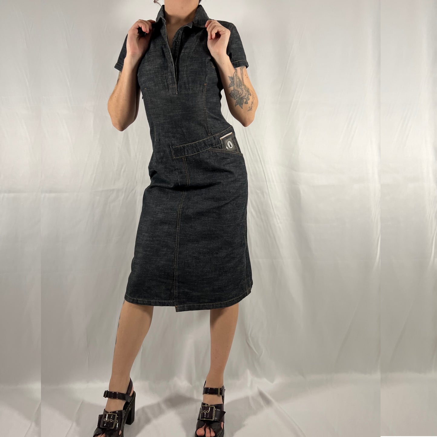 Y2K Cop Copine Utility Cargo Dress Darkwash Denim Techwear Archive Deconstructed Asymmetrical Workwear Midi Dress