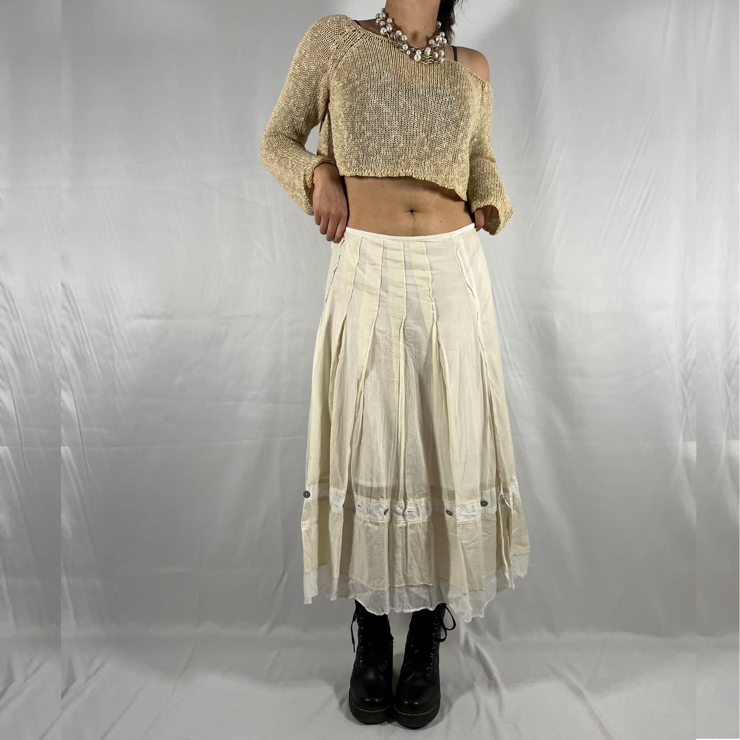 Y2K Cop Copine Coquette Maxi Skirt Balletcore Layered Pastel Angelic Neutral Low Waisted Button Detail Fairy Pleated Skirt