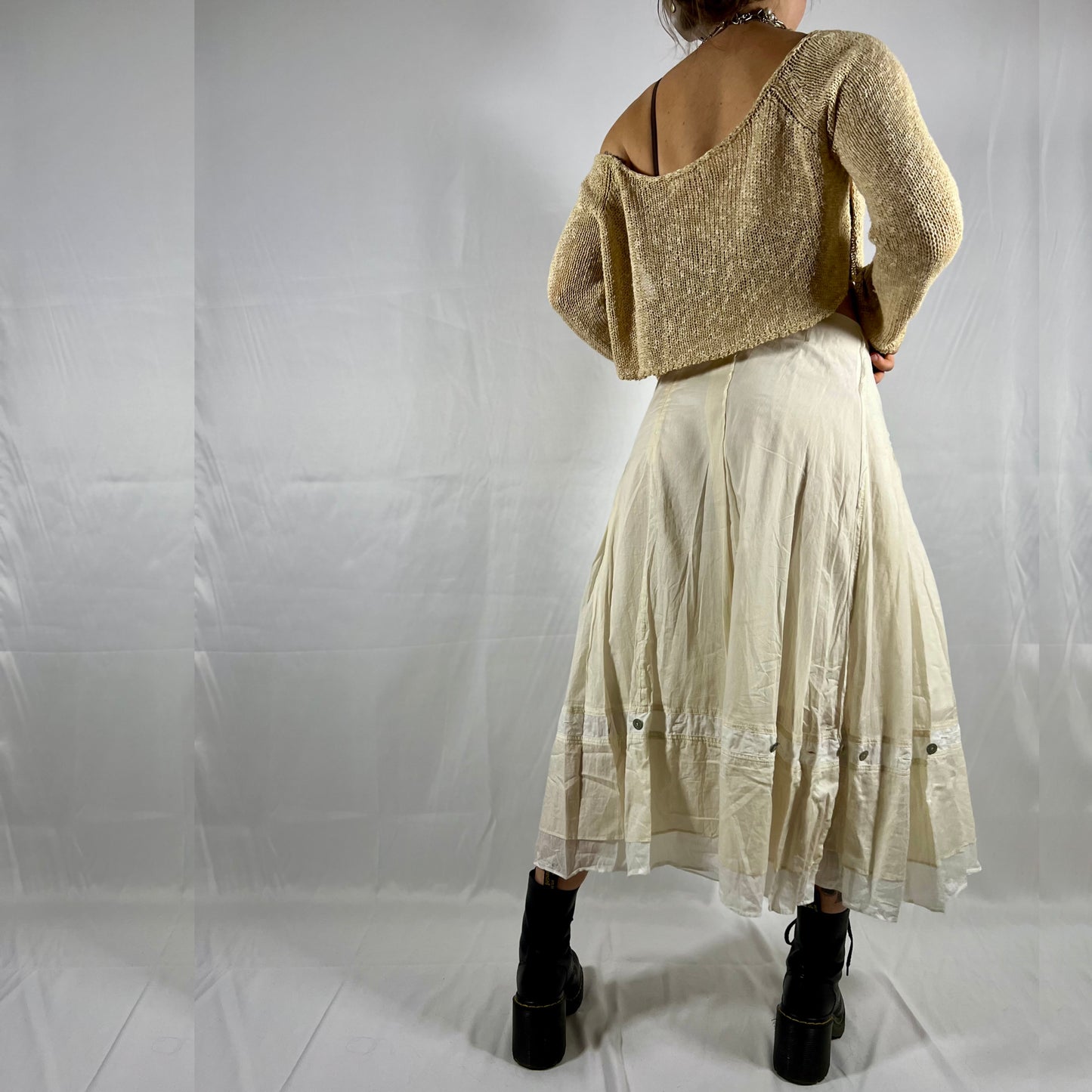 Y2K Cop Copine Coquette Maxi Skirt Balletcore Layered Pastel Angelic Neutral Low Waisted Button Detail Fairy Pleated Skirt