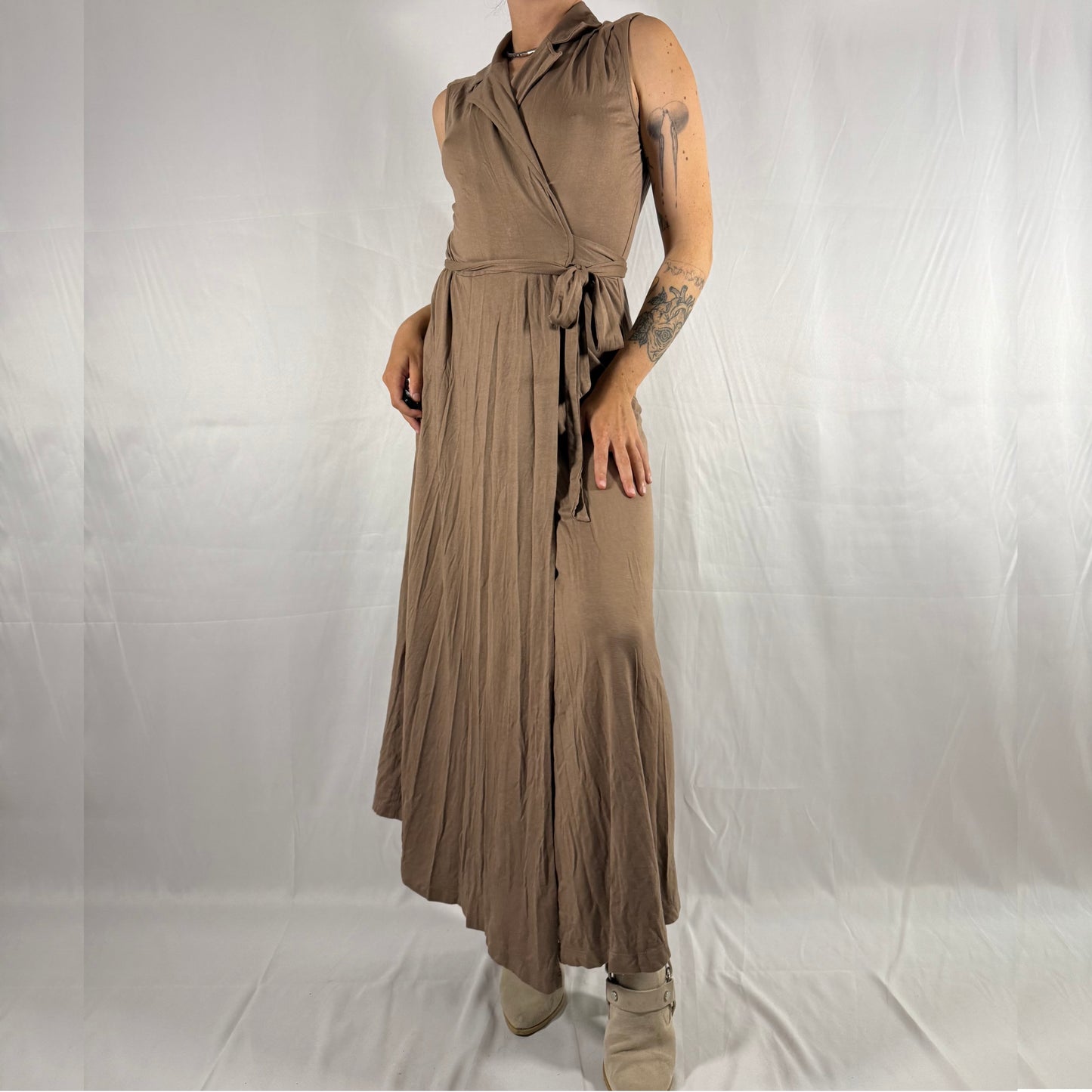 Anthropologie Neutral Wrap Dress Fairy Grunge Minimalist Maxi Dress Clean Girl Long Line Workwear Draped Grecian Summer Dress