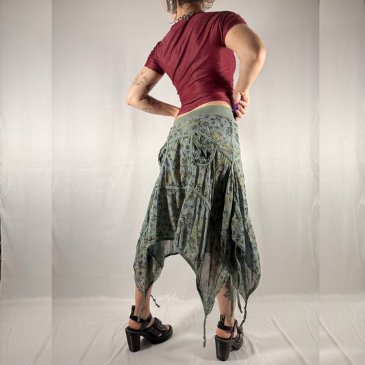 Y2K Vintage Cop Copine Gathered Parachute Skirt – Asymmetrical Floral Midi