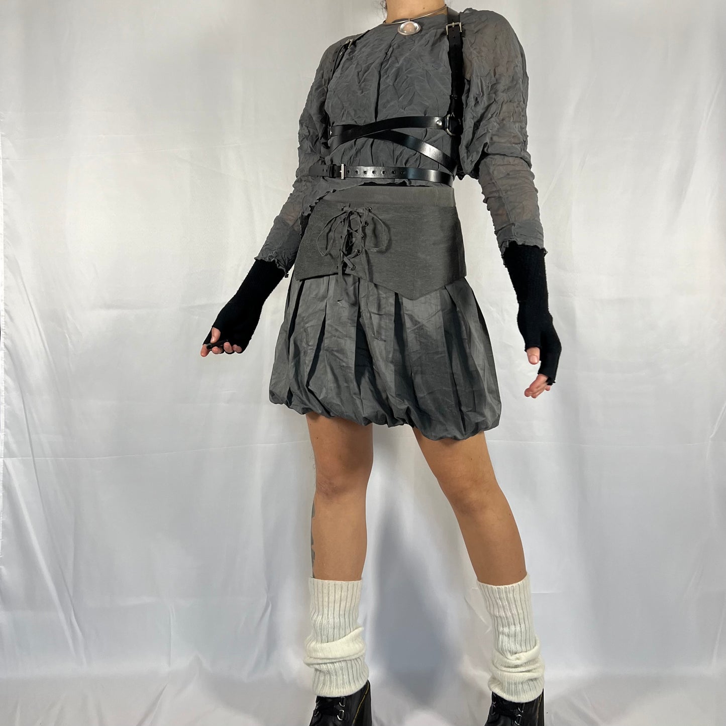 Y2K Cop Copine Techwear Bubble Skirt and Corset Belt Set Cyber Rave Gorpcore Layered Skirt Set