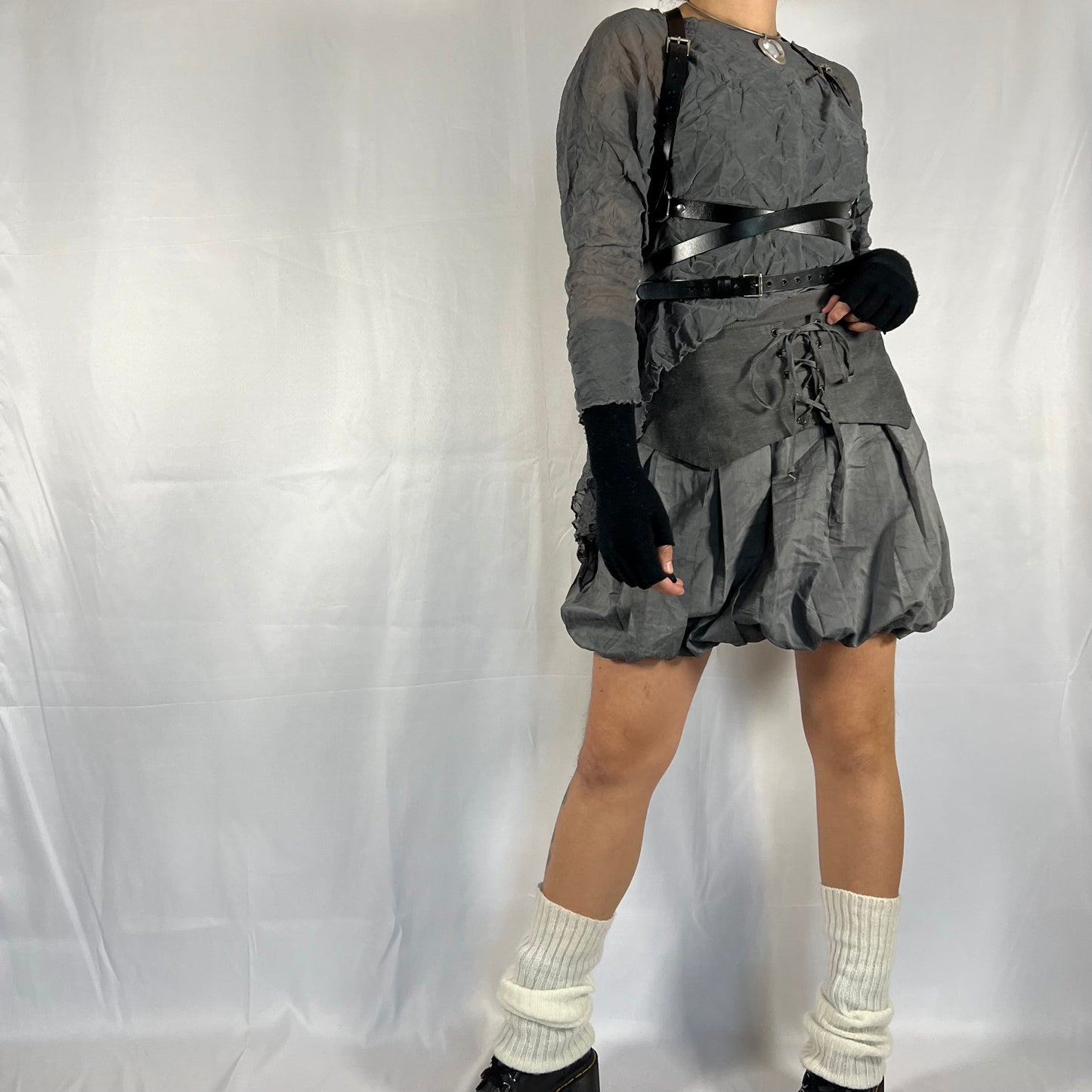 Y2K Cop Copine Techwear Bubble Skirt and Corset Belt Set Cyber Rave Gorpcore Layered Skirt Set