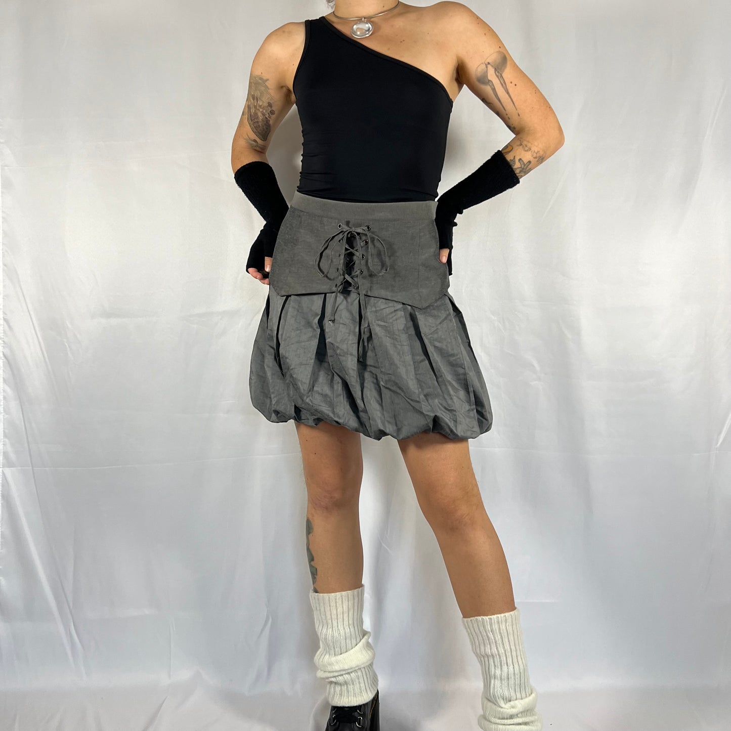 Y2K Cop Copine Techwear Bubble Skirt and Corset Belt Set Cyber Rave Gorpcore Layered Skirt Set