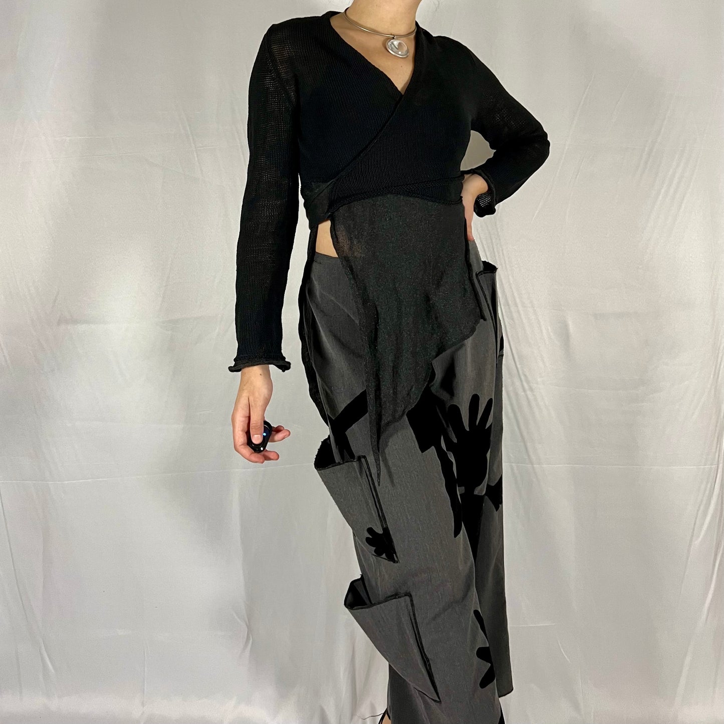 Sarah Pacini Y2K Deconstructed Whimsigoth Wrap Top Asymmetrical Bi-material Knit Top