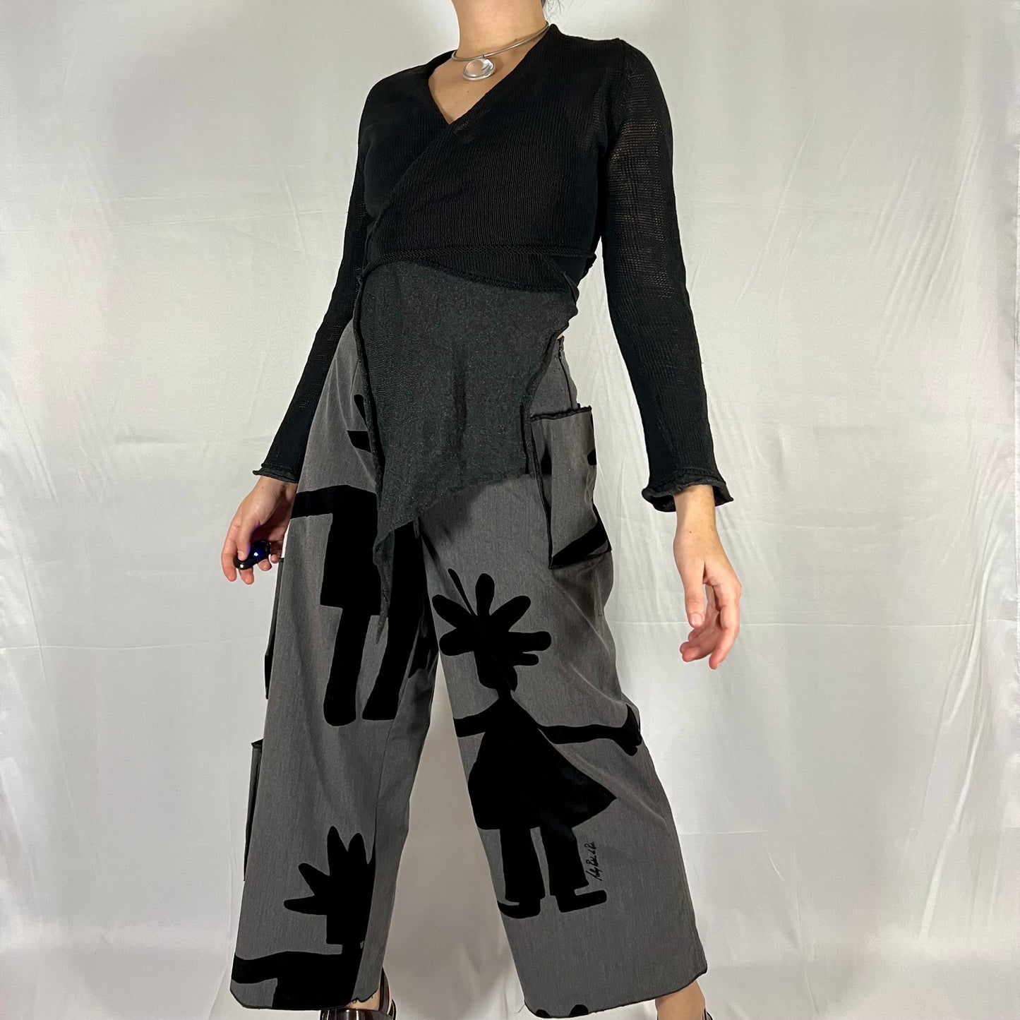 Sarah Pacini Y2K Deconstructed Whimsigoth Wrap Top Asymmetrical Bi-material Knit Top