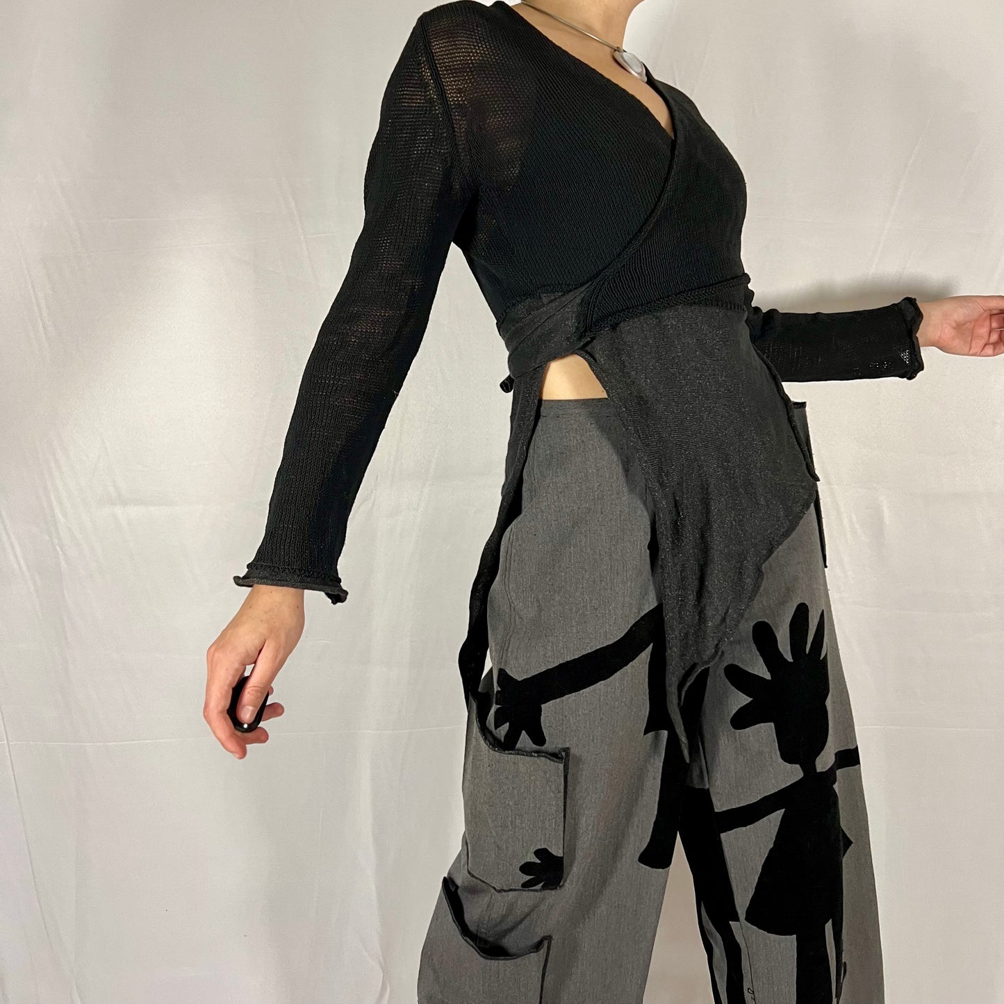 Sarah Pacini Y2K Deconstructed Whimsigoth Wrap Top Asymmetrical Bi-material Knit Top
