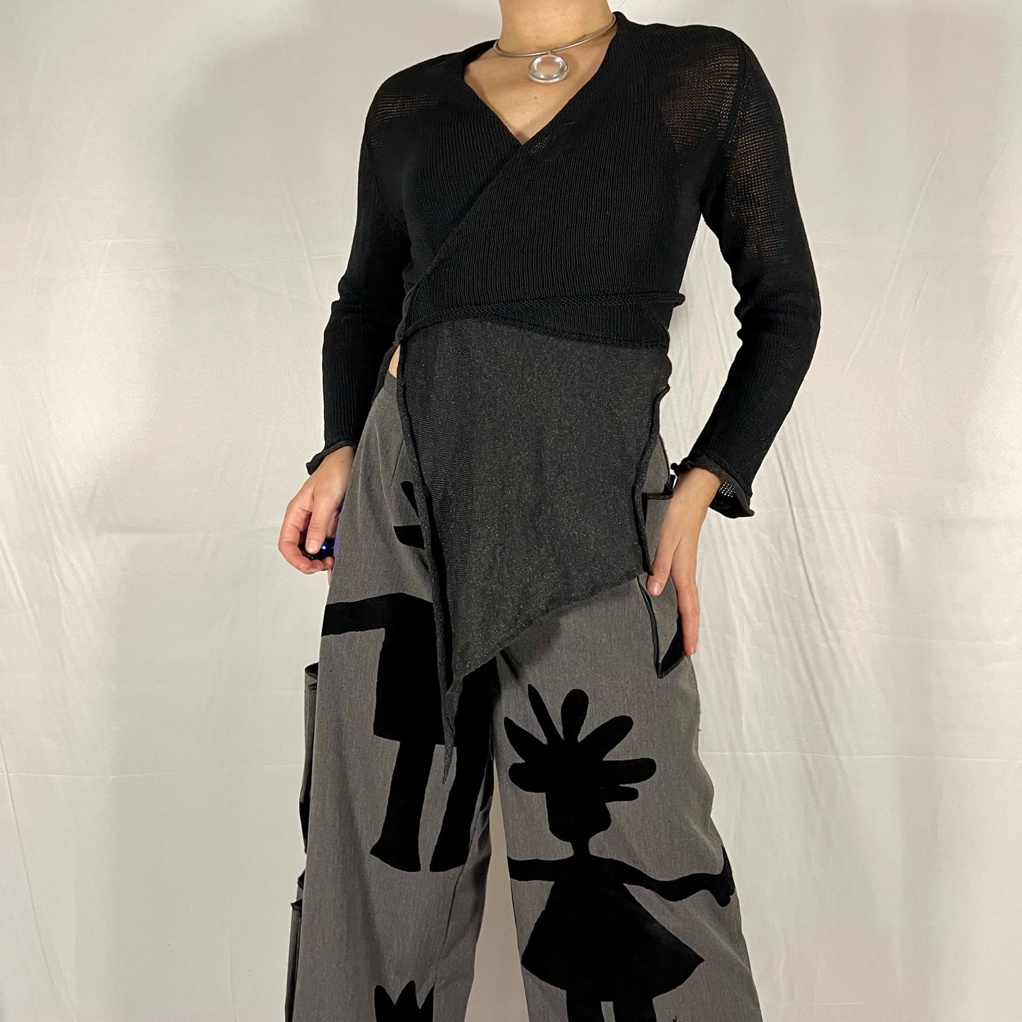 Sarah Pacini Y2K Deconstructed Whimsigoth Wrap Top Asymmetrical Bi-material Knit Top