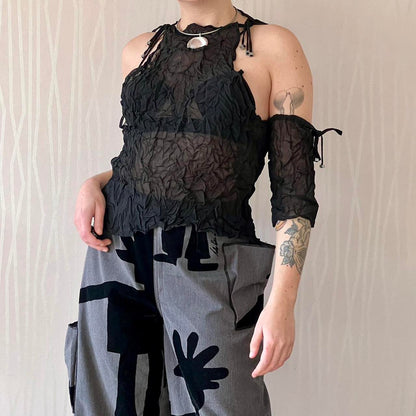 Late 90s / Y2K Biche de Bère Crinkle Sheer Top with Detachable Sleeves