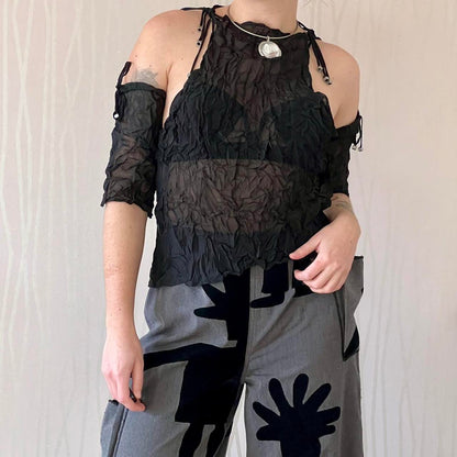 Late 90s / Y2K Biche de Bère Crinkle Sheer Top with Detachable Sleeves