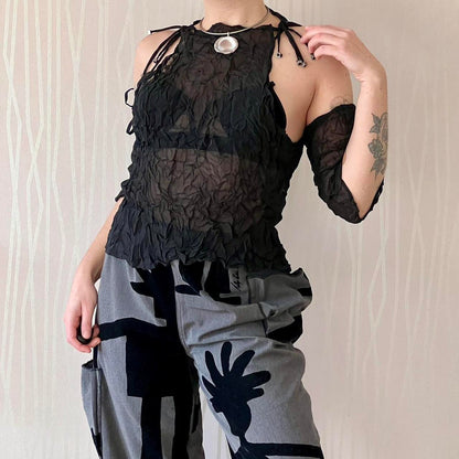 Late 90s / Y2K Biche de Bère Crinkle Sheer Top with Detachable Sleeves