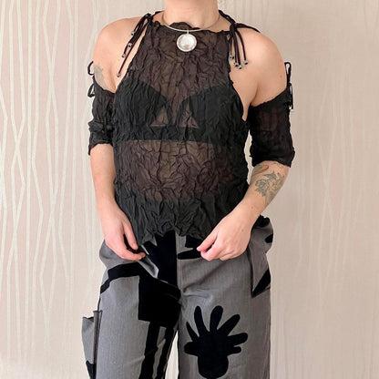 Late 90s / Y2K Biche de Bère Crinkle Sheer Top with Detachable Sleeves
